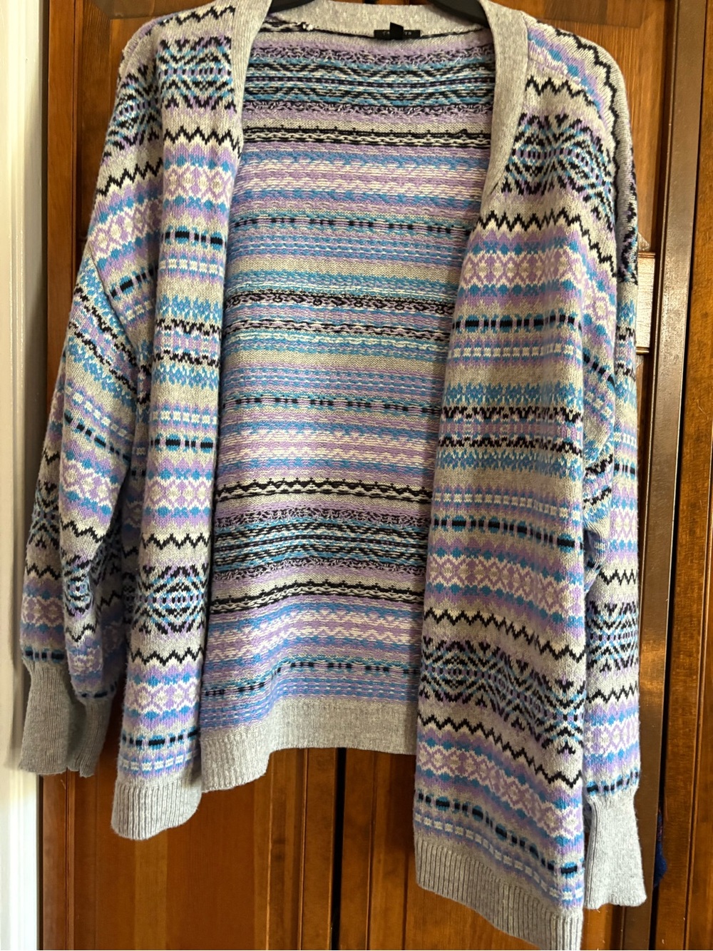 Talbots Open-Front Fair Isle Cardigan Sweater - Light Gray with Pastel Stripe